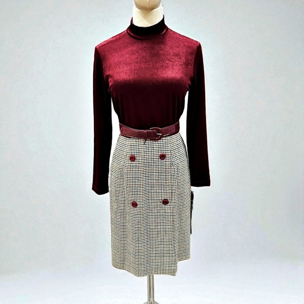 NEW VTG 90s Dress 6P Burgundy Velvet Houndstooth Belt Academia Old Money Preppy